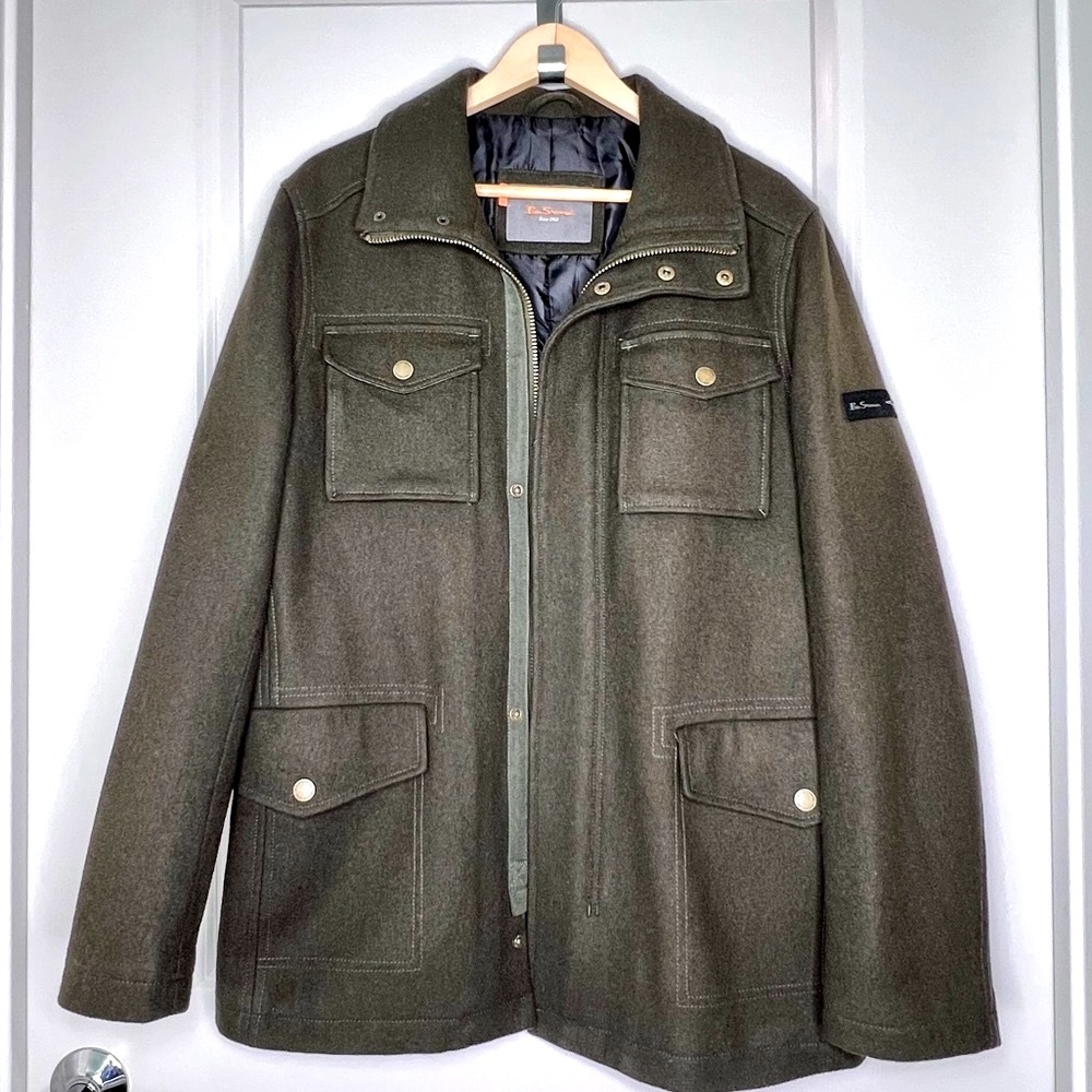 BEN SHERMAN Heritage Wool Blend Field Coat Army Green L Military Utility Jacket - Picture 6 of 17